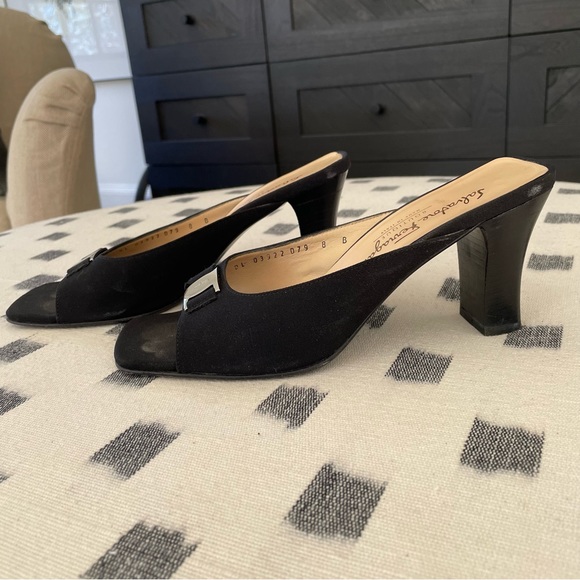 Salvatore Ferragamo Slides. Vintage Black Block Heels with Silver Logo Design. - Picture 2 of 5